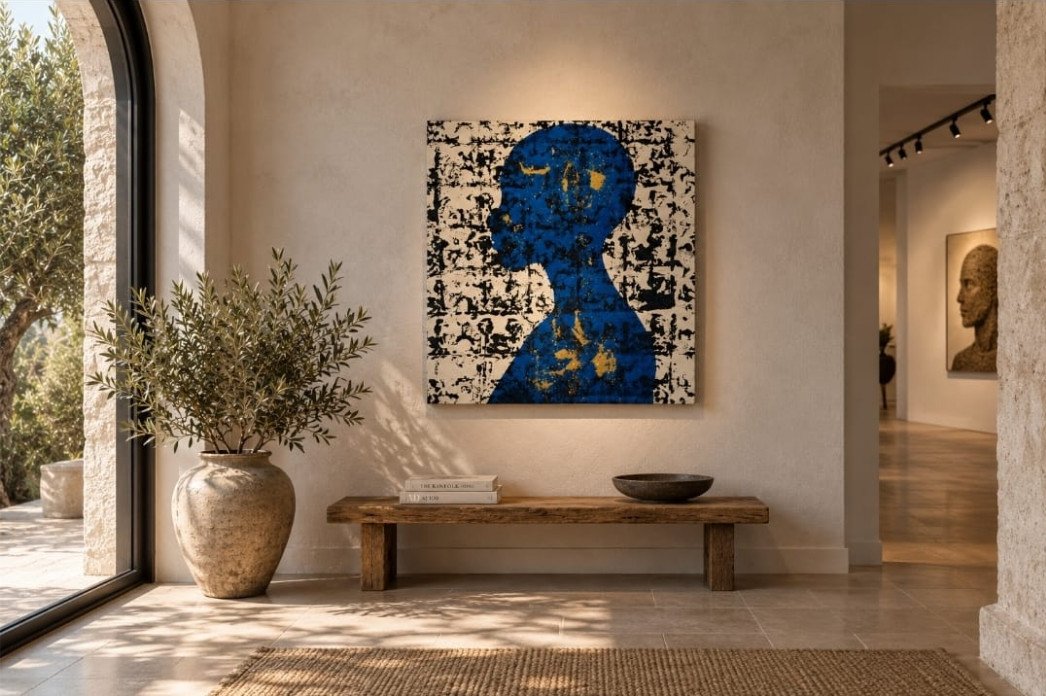 Kunstwerk van Carla Kikkert: blauw silhouetportret met gouden accenten op een zwart-witte gemengde-technieken achtergrond, gepresenteerd in een lichte galerieruimte met olijfboom en houten bank